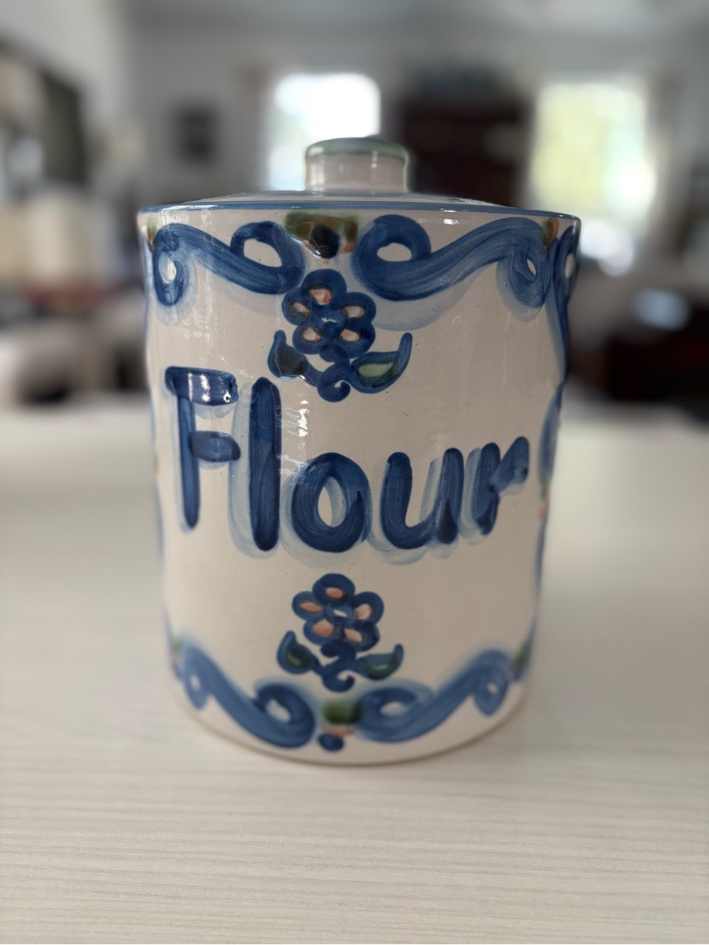 M.A.Hadley Flour Canister Ceramic Jar in Blue/White Handpainted with lid